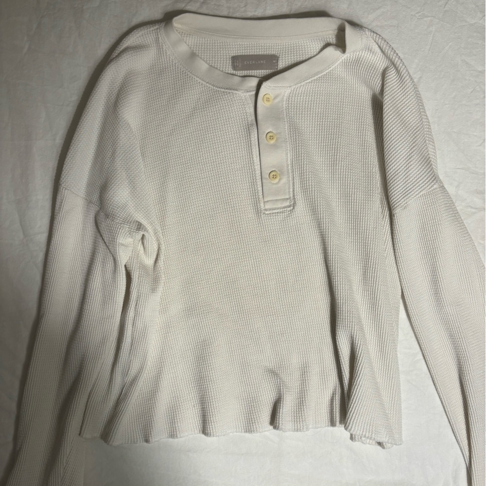 Everlane White Waffle Henley Long Sleeve cropped shirt